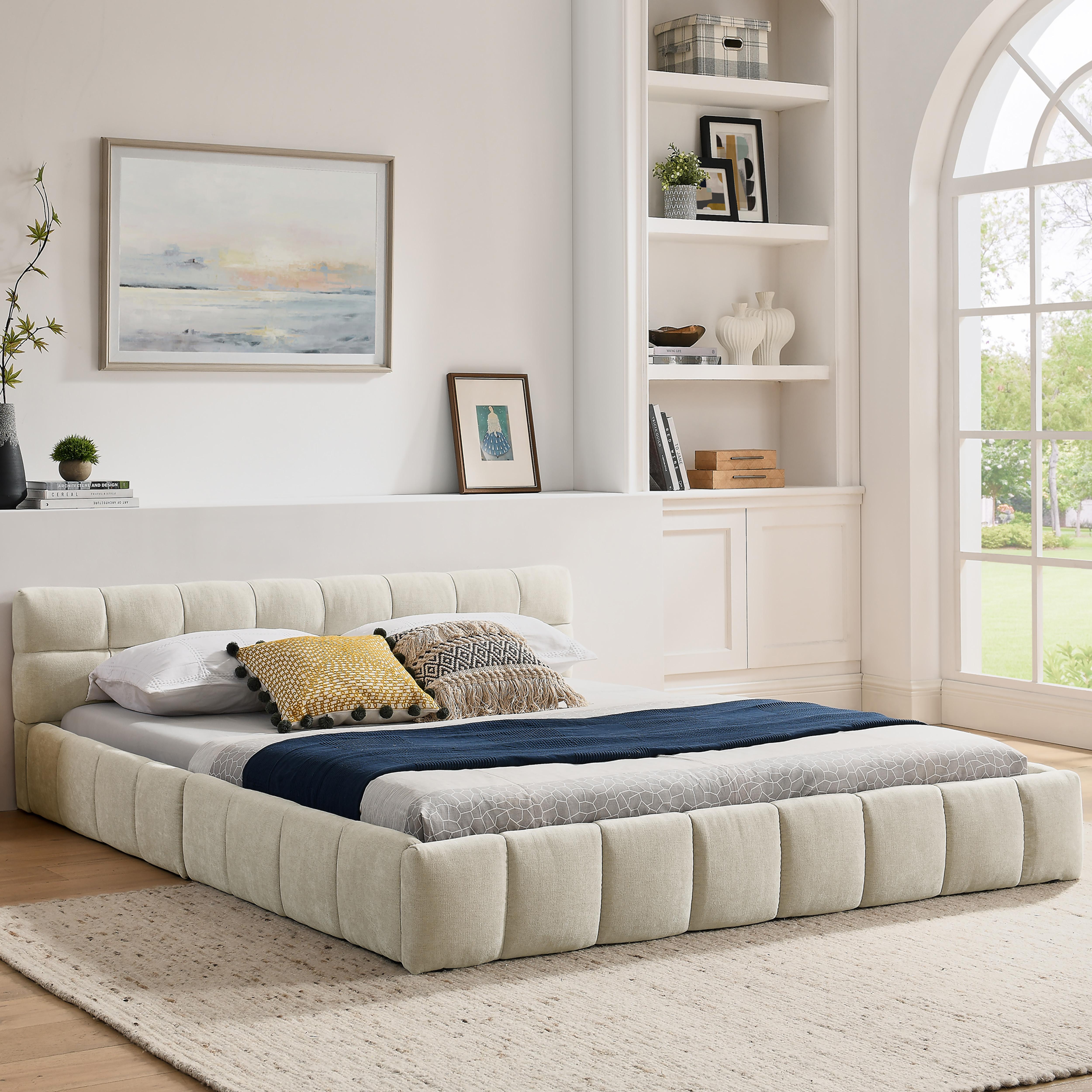 okwish Kinderbett 160x200 Doppelbett Bettgestell aus ökologischem Eukalyptusholz,Chenille-Polsterbett Jugendbett mit robustem Eisenrahmen,Beige (mit Matratze)