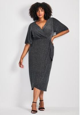 Plus Size Women's Nala Metallic Mock Wrap Dress by Avenue in Black (Size 22/24)