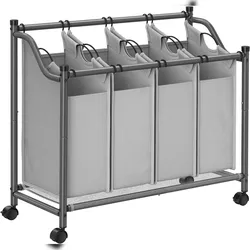 Wäschewagen 140L, Wäschesammler 4 x 35 Liter, aus 600D Oxford-Gewebe, Stahlrahmen, mit 4 abnehmbaren Stofftaschen, bis 40kg belastbar,  grau