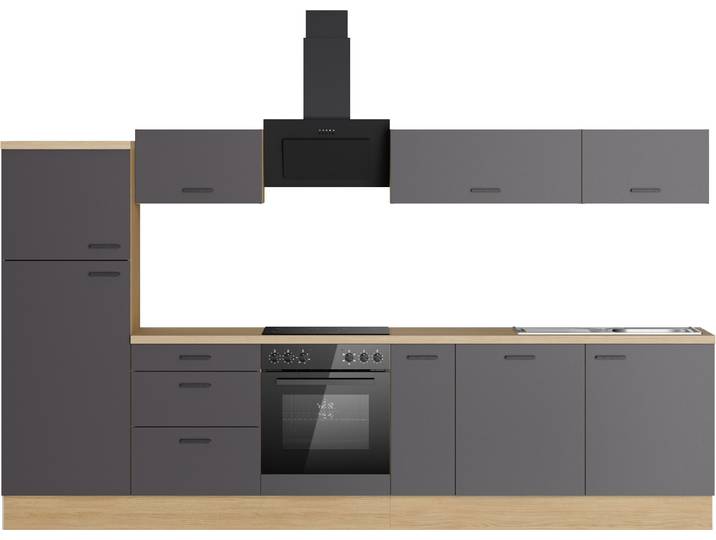 Küchenzeile KOCHSTATION KS-Sion , küche: grau, korpus: eichefarben, arbeitsplatte: eichefarben hell, B:330cm H:186cm T:60cm, Komplettküchen-Sets, Küchenzeile, Breite 330 cm, schnelle Montage mit OPTIsnap, wahlweise mit E-Geräten