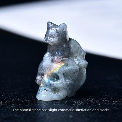 Lush Living Finds Natural Crystal Skull Cat Figurine, Hand Carved For Halloween Decor & Gift Ideas labradorite