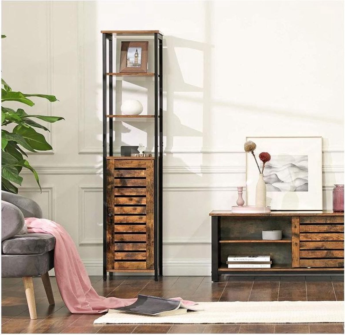 MAZAZU Boekenkast met open en dichte vakken, Bruin, H 167 cm