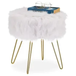 Relaxdays Fellhocker Kunstfell Weiß-Gold Weiß,Gold