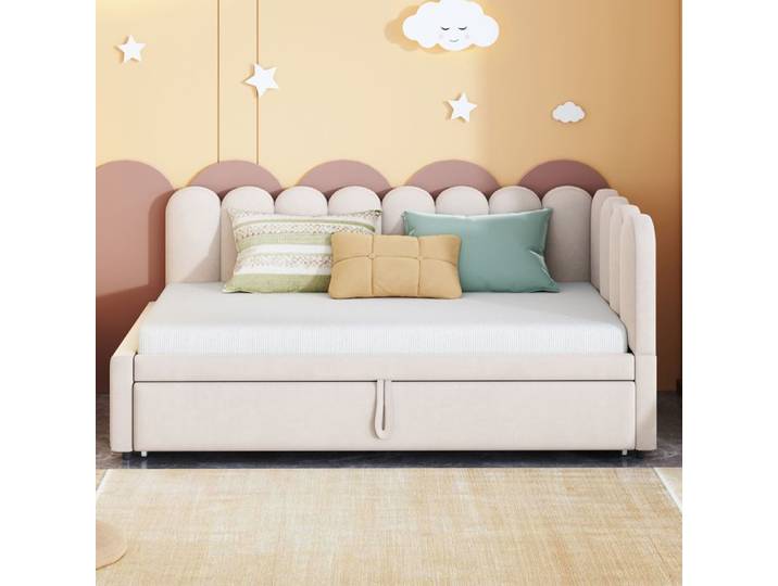 Canapé-lit rembourré - KOMHTOM - L 90x200 / 180x200 - Tissu velours beige - Convertible extensible - Lit gigogne