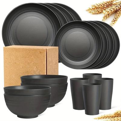 Uplift Picks Wheat Straw Dinnerware Set 16 Piece Unbreakable Reusable Tableware black