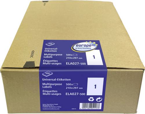 Avery-Zweckform ELA027-500 Universal-Etiketten 210 x 297mm Weiß 500 St. Laserdrucker, Farblaserdrucker, Tintenstrahldrucker