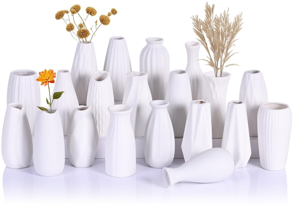 Dailygoods Set van 20 Kleine Witte Keramische Mini-vazen - Boho Knopvazen voor Bruiloft Decoratie