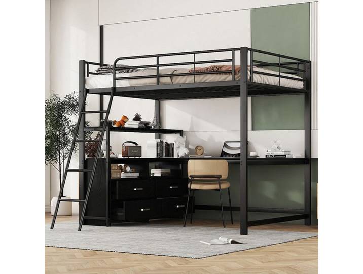 Lit mezzanine 140x200 cm lit à cadre en fer tiroirs pratiques bureau L - SWEIKO - Noir