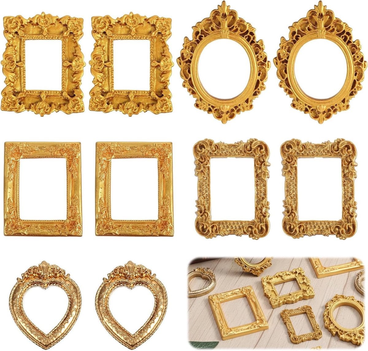 Set van 10 Mini Gouden Fotolijsten, Antieke Houten Vintage Fotolijsten voor Decoratie en Sieradenpresentatie