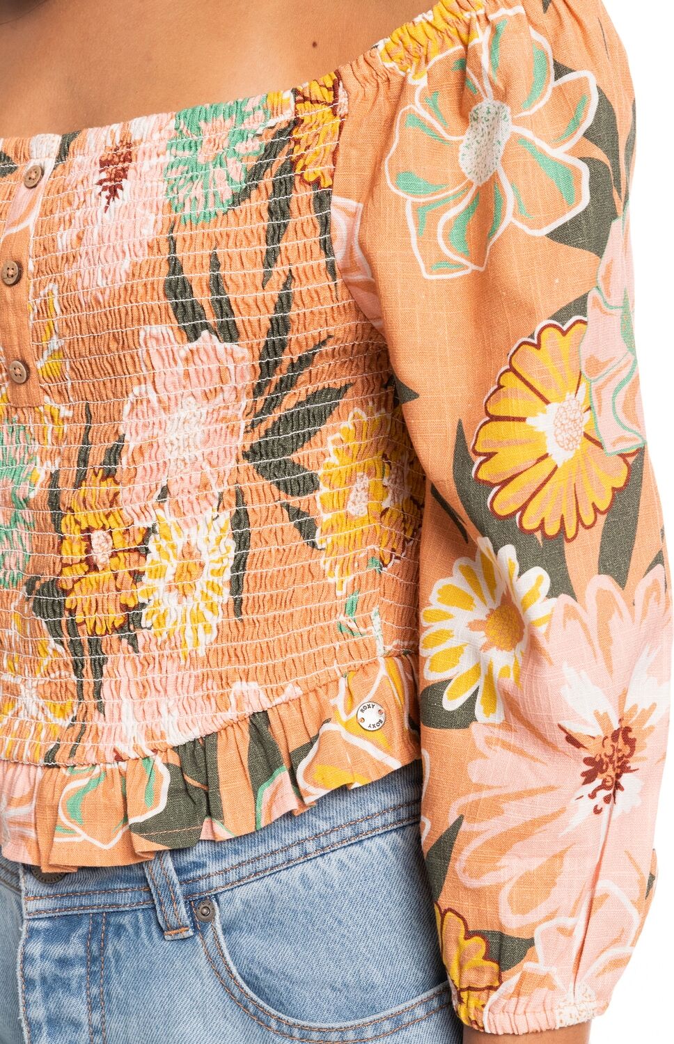 Longsleeve ROXY "Like The Sun Again", Damen, Gr. XS, braun (toasted nut bloom boogie), 60% Baumwolle, 40% Viskose, Shirts Longsleeve toasted nut bloom boogie XS