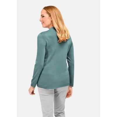 Rundhalspullover GOLDNER "Eleganter Ajourpullover mit Stehbund", Damen, Gr. 52, grün (graugrün), Obermaterial: 100% Polyacryl PAN., eng, Pullover Rundhalspullover, aufwendiger Ajourstrick in Zopfoptik
