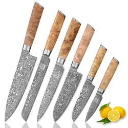 Zayiko Kinone 6er Damastmesser-Set I 8-20 cm Klingen I Wurzelholzgriffe Birke