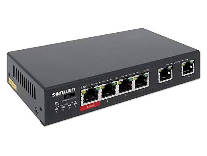 INTELLINET 561686 Fast Ethernet Switch met 6 poorten met 4 Poe-poorten (1 x High Power Poe) zwart, zwart., Eén maat, Sterren en strepen