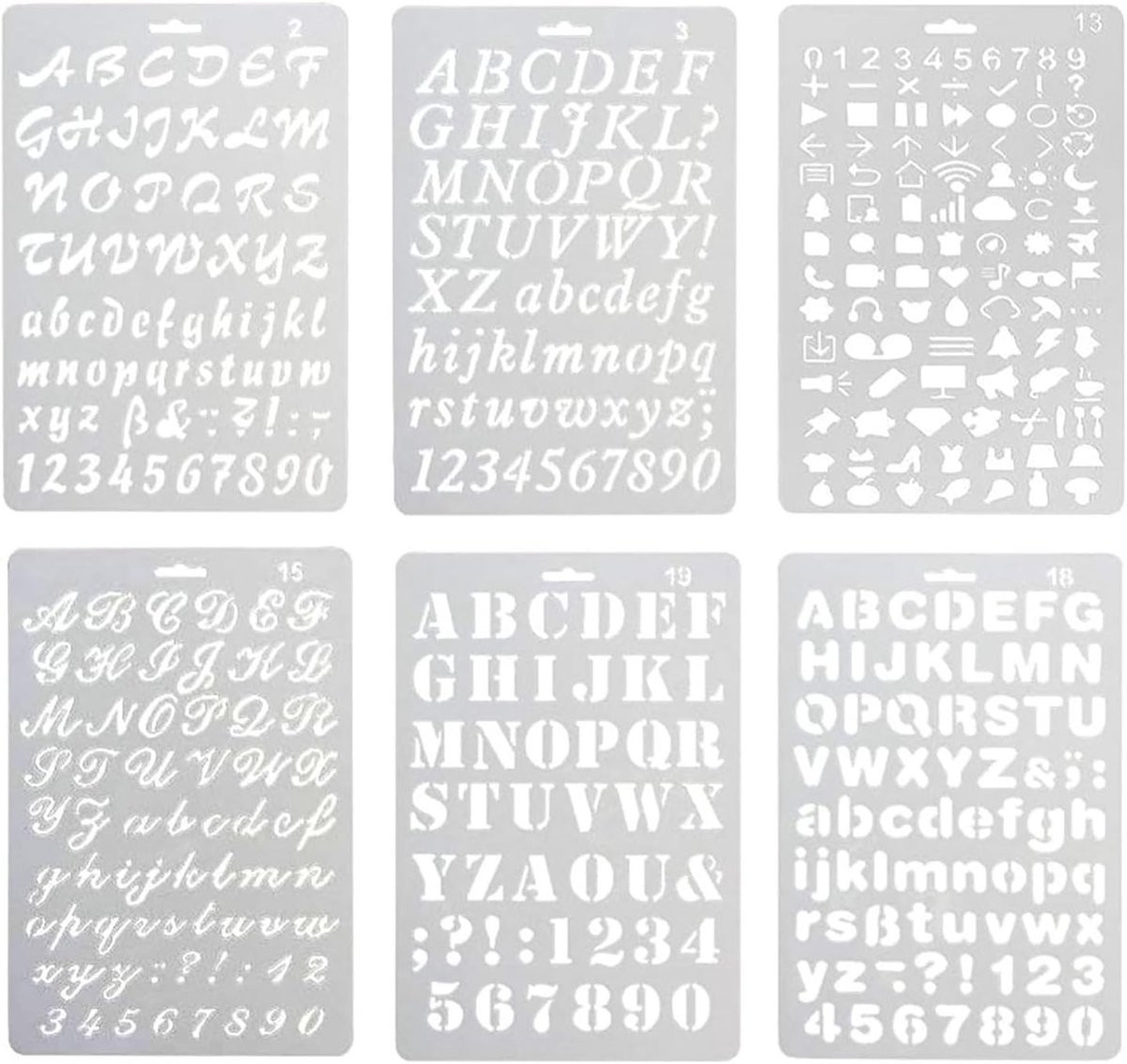 Set van 6 herbruikbare alfabet sjablonen voor letters, kalligrafie en creatieve DIY-projecten