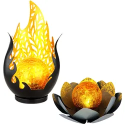 Solarleuchte Flammen Design Außen Solarblume Aussen Lotusblume Solar Crackle Glas, grau, LED Leuchtmittel, 1x Lotusblume 1x Flammen Design, 2er Set