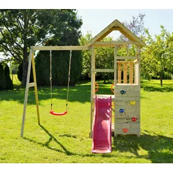 Wendi Toys Holz Spielturm Gorilla | mit Rutsche, Kletterwand, Schaukel und Picknicktisch | Natur | 290x270x270 cm - Natur