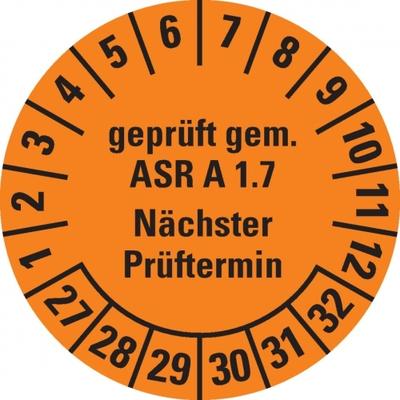 Dreifke® Prüfplakette geprüft gem. ASR A1.7,27-32,orange,Dokumentenfolie,Ø30mm,18 St/Bogen