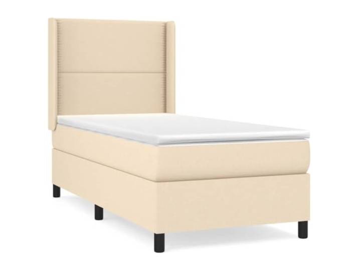 PUGYNBK Boxspringbett, 90 x 200 cm, cremefarbener Stoff Verstellbares Kopfteil, Taschenfedern, mittlere Festigkeit, atmungsaktiver Schutz