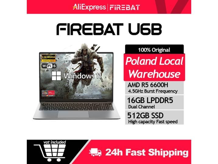 Ordinateur portable Firebat U6B AMD R5 6600H DDR5 16 Go 512 Go SSD 16 pouces 2,5K 120 Hz IPS Windows 11 Type-C WIFI6 Clavier pleine taille