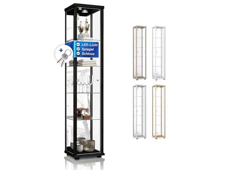 K-Möbel Sammlervitrine (176x37x33cm) - Made in Germany - Vitrinenschrank Schwarz mit 4 höhenverstellbaren Glasböden, Spiegel, Schloss & LED - Glasvitrine Stehend - Display Cabinet