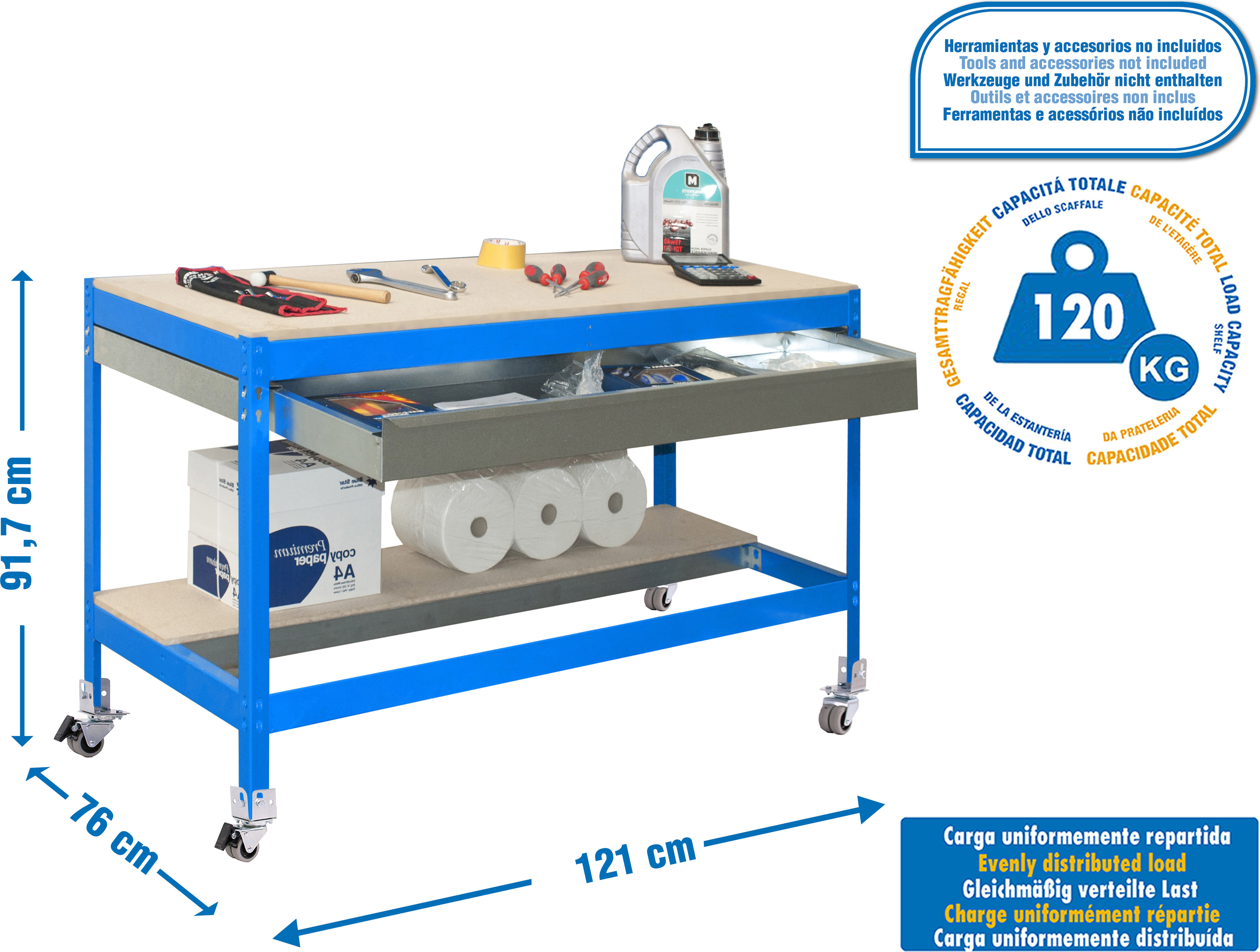 Arbeitstisch und Montage aus Metall ohne Parafuses SIMONWORK MOBILE BT0 BOX 1200 BLAU/HOLZ