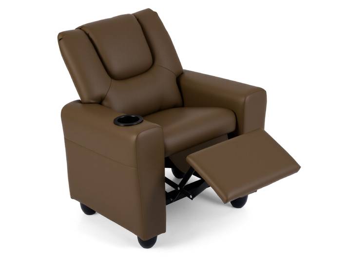 Kinderfauteuil met Relaxfunctie Stoffen Kinderbank met Verstelbare Rugleuning en Voetsteun Kinderbank met Bekerhouder-Bruin