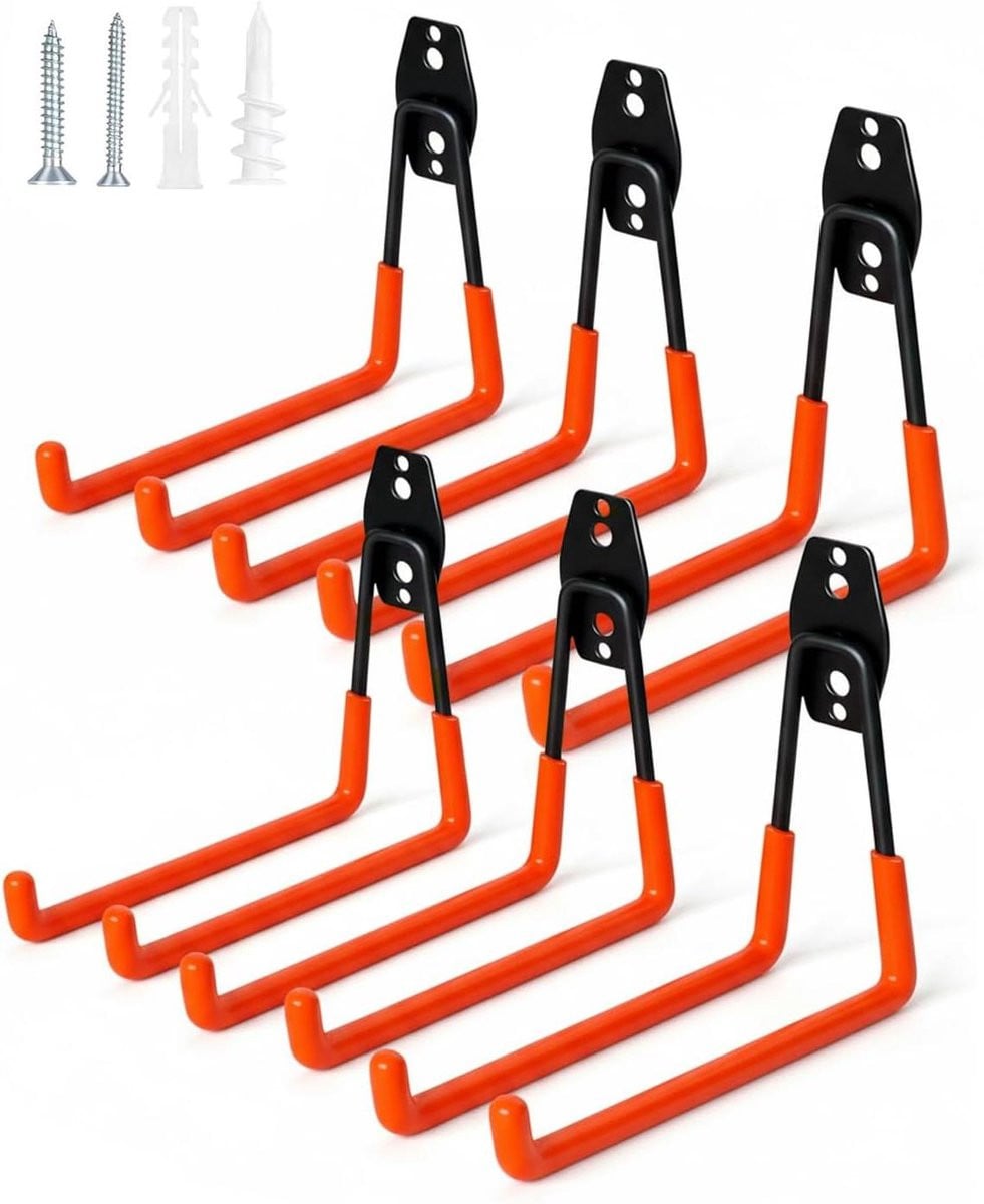 Garagehaken Set Oranje - 6 Stuks Wandhaken voor Zware Gereedschap Opslag