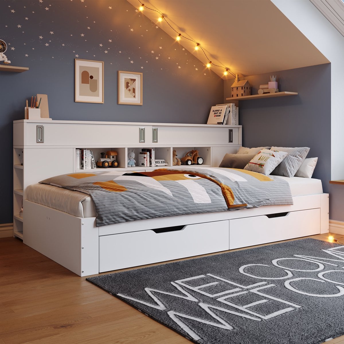 HAUSS SPOLE Kinderbed met dagbed, dubbele lades en schuifdeurkasten, Wit, 140 x 190 cm