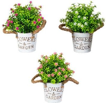 Nearly Natural 8-in Flowering Mini Daisy Plant in Rustic Garden Planter - Set of 3