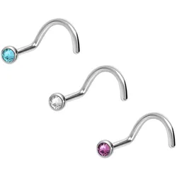 3er Set Titan Nasenstecker Spirale FLACHE KRISTALLDISC