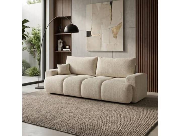 Mebligo Modernes Schlafsofa BALIMO 3-Sitzer mit Bettkasten und DL-Automat, Sofa mit Schlaffunktion fürs Wohnzimmer, Chenillestoff, Beige