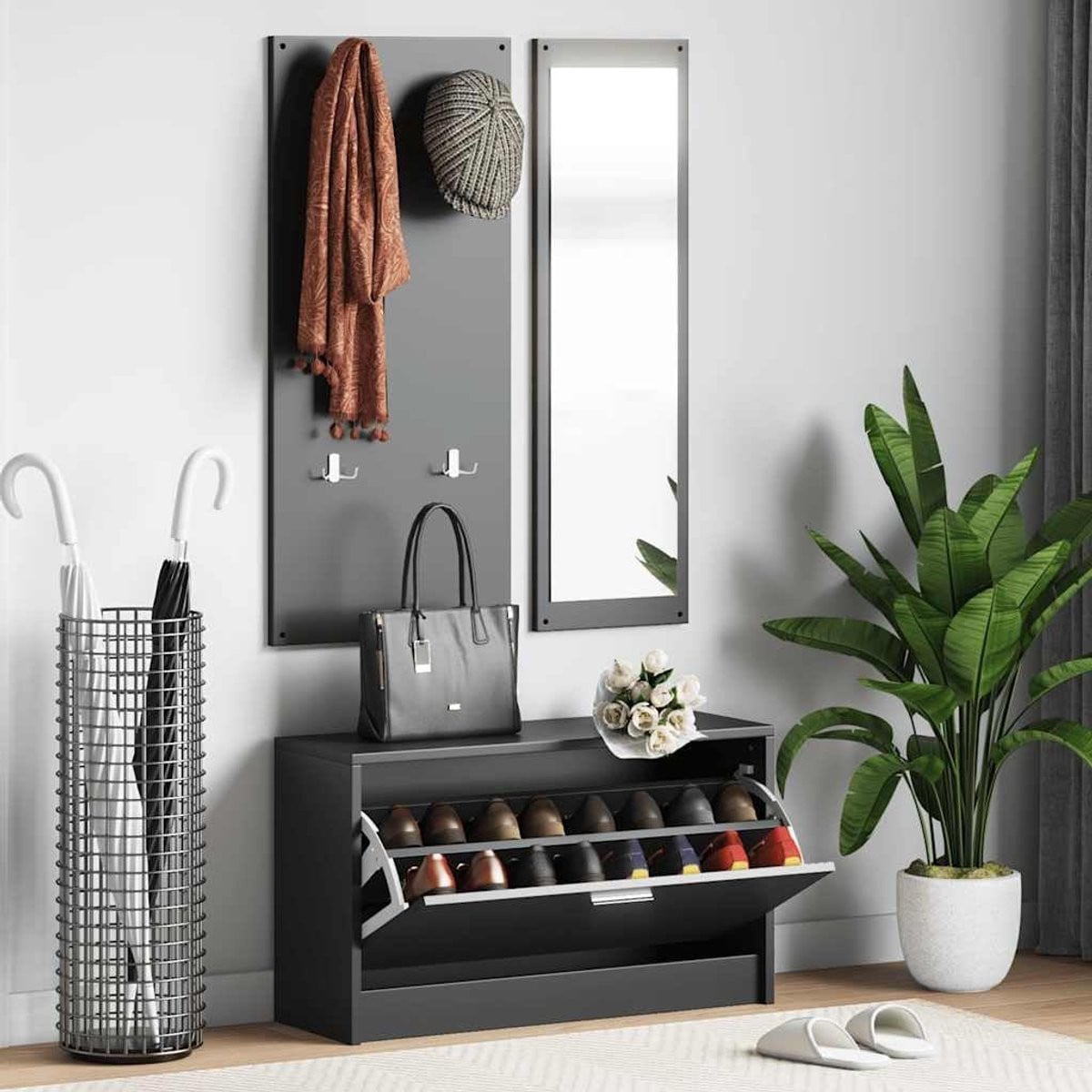 Zwarte Schoenenkast Set Entree Meubel met 3-in-1 Functionaliteit - Breedte: 80 cm