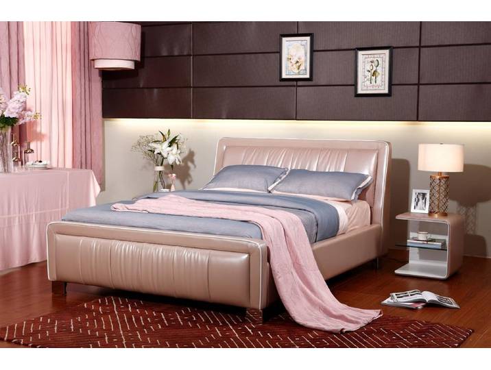 JVmoebel Polsterbett Designer Doppelbett aus Leder mit Edelstahlfüßen in sanften Farben, Made in Europa