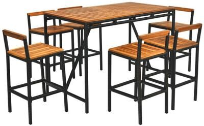Costway 7 Pieces Acacia Wood Patio Rattan Bar Set with Umbrella Hole