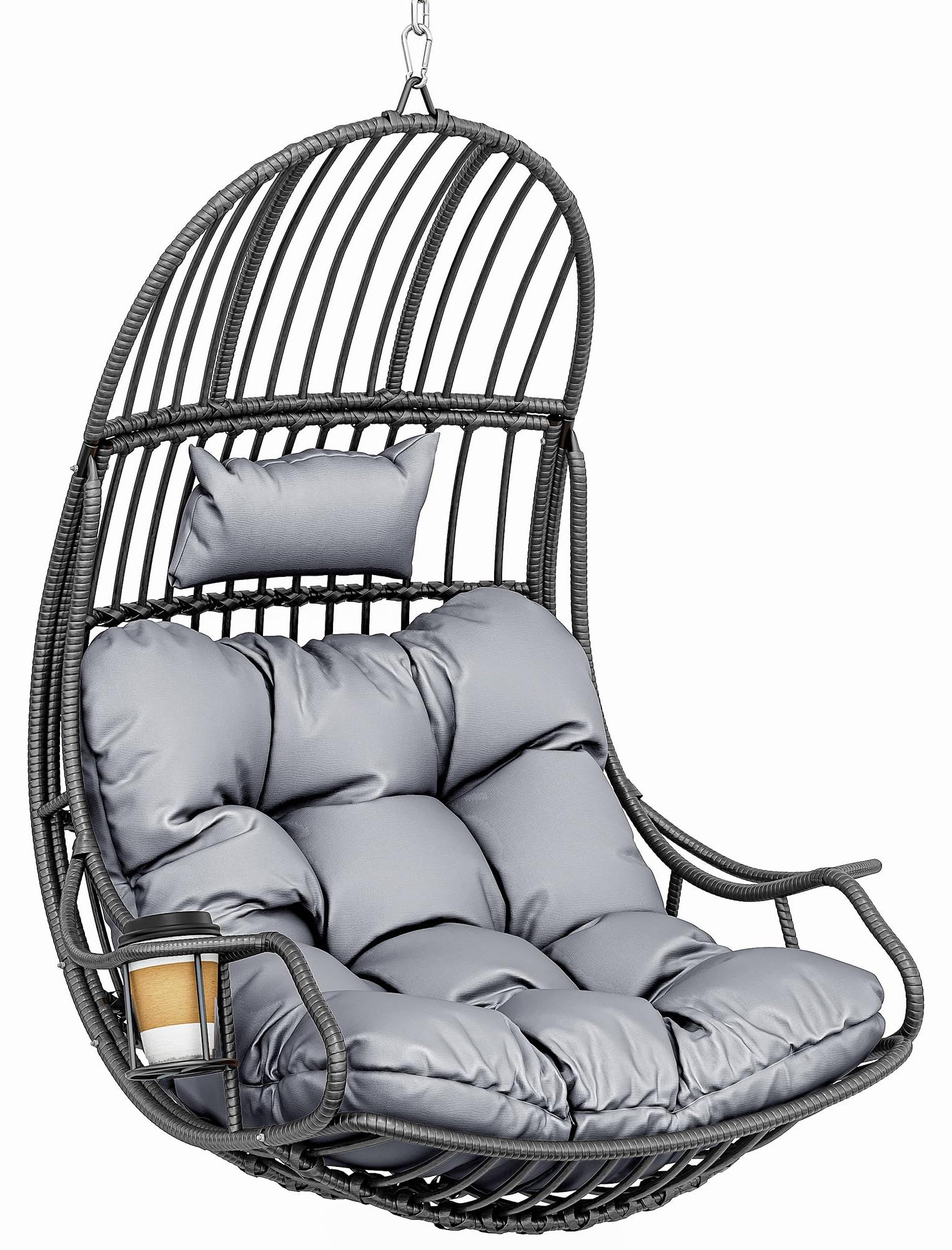 Eierschaukelstuhl aus Rattan, 150 kg, grau, mit Kissen