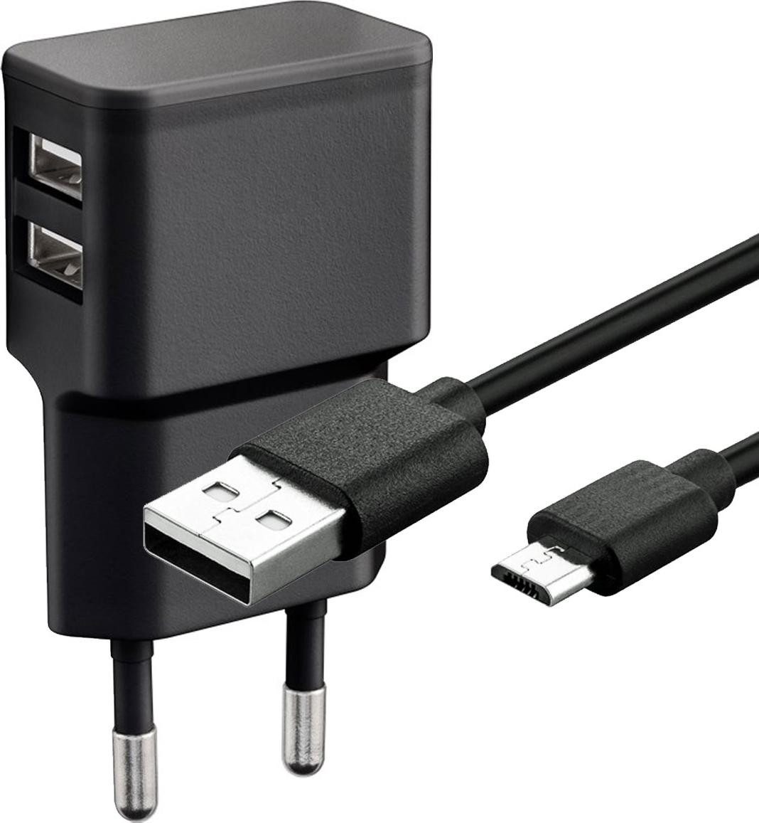 Goobay Dubbele USB-netadapter met 2,4 A en Micro-USB oplaadkabel, zwart