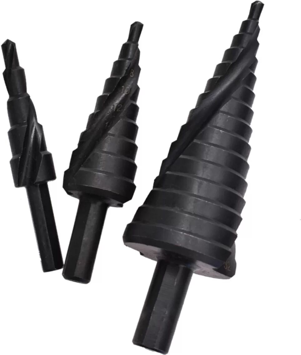 INF Schwarzes 3-teiliges HSS Spiralnuten-Stufenbohrer-Set mit Dreikantschaft