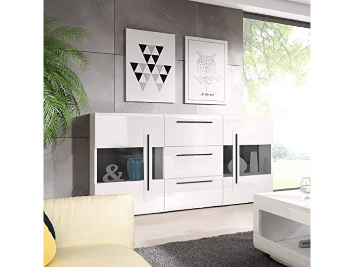 Lomadox Sideboard Vitrine weiß Hochglanz modern mit Absetzungen in schwarz, B/H/T: ca. 180/103/39 cm