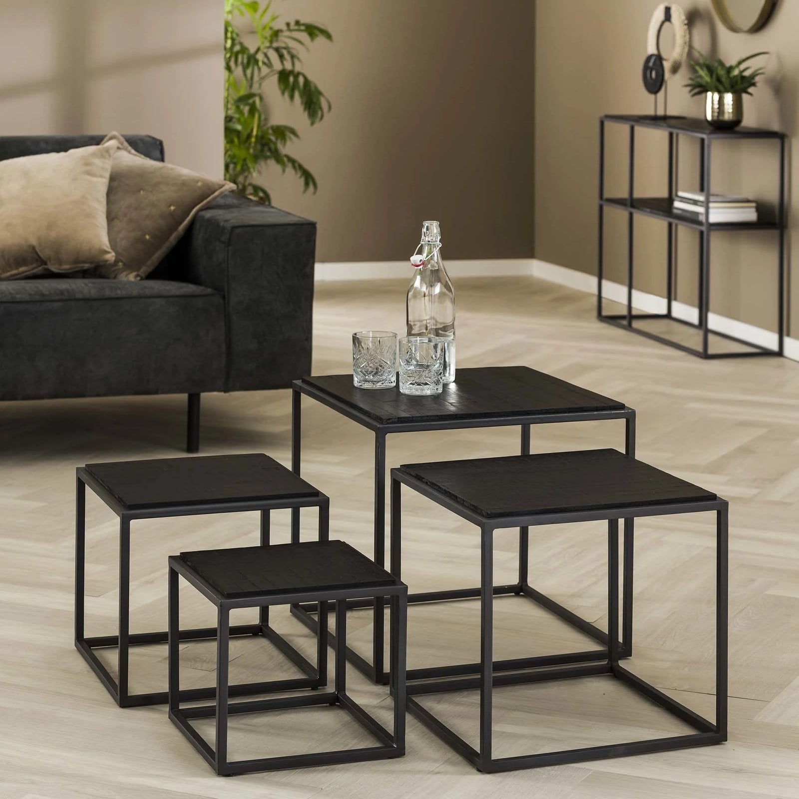WoonStijl Salontafel set van 4 Teca zwart modern vierkant