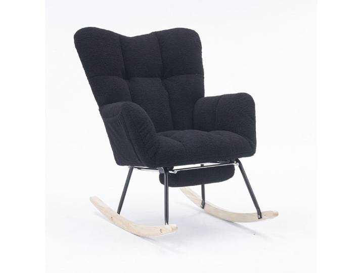 Fauteuil à bascule – Rocking chair noir en tissu teddy avec repose-pieds rétractable