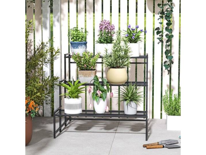 Étagère plante 3 niveaux métal noir 66cm intérieur extérieur balcon jardin salon décoration fleurs escalier support multi étages