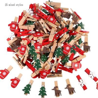 Inspire Select Mixed Style Christmas Wooden Photo Clips Festive Clothespin Pegs With Elk, Snowflake & Tree Designs For Holiday Decor 25 Pcs