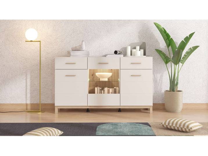 Sideboard HOME AFFAIRE Essex, Kommode, Kombikommode, Anrichte, Schrank , weiss (kaschmir), B:154cm H:89cm T:41,5cm, Holzwerkstoff, Kunststoff, MDF, Metall, Sideboards, Sideboard, Modernes Sideboard: Kaschmir-Dekor, 3 Türen & 2 Schubladen