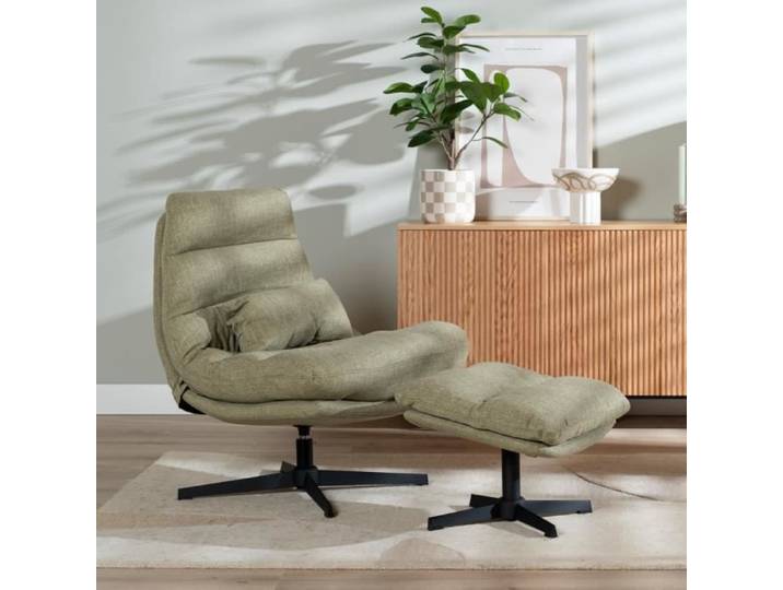 Livin24 Fauteuil pivotant avec pouf Cristo tissu lin vert olive