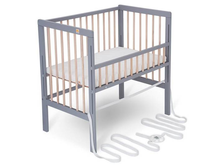 FabiMax Beistellbett Boxspring Fix Grau / Natur, mit 12cm Rausroll-Schutzgitter, Matratze und Netz-Nestchen