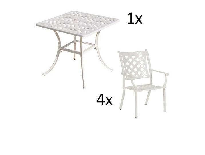 Inko Sitzgruppe Inko 5-teilige Sitzgruppe Aluminium Guss weiß Tisch 80x80cm mit 4