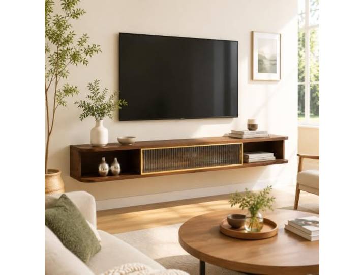 JS Ellie Schwebendes TV Board mit Klapptür, Wandmontierter TV Schrank Modernes TV Lowboard mit Stauraum, Kabelöffnung, Spielkonsolen-Aufbewahrung(Walnut,140cm/55.12in)