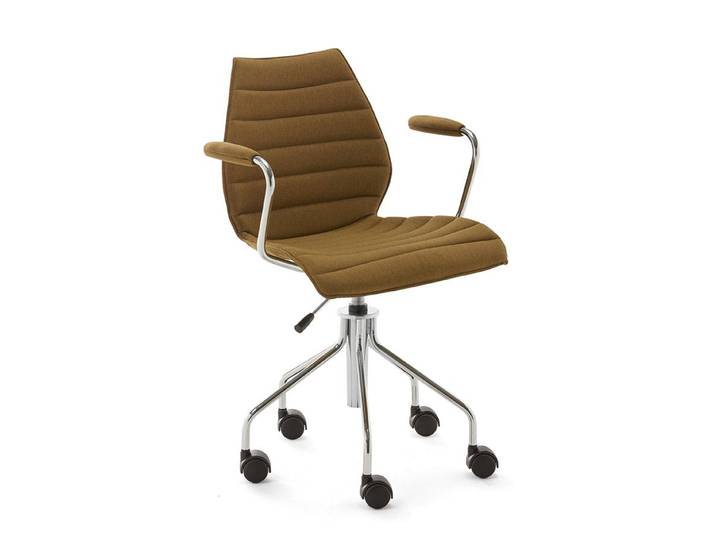 KARTELL chaise à roulettes avec accoudoirs MAUI SOFT NOMA (Moutarde - Tissu Noma / Structure en acier chromé)