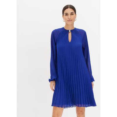 Minikleid BONPRIX, Damen, Gr. 44, N-Gr, Langarm, blau, Obermaterial: 100% Polyester. Futter: 100% Polyester, festlich, A-Linie, Kleider Minikleid, für Damen, aus Chiffon, mit Plissee, mit Ballonärmeln, in A-Linie