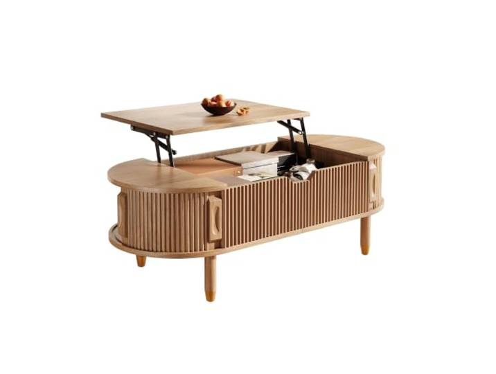 Merax Ovaler Couchtisch 110x48x57 cm, mit hydraulisch höhenverstellbarer Tischplatte, Stauraum, geriffelten Schiebetüren und Gummibaumholz-Füßen – vielseitig nutzbar, Holzoptik